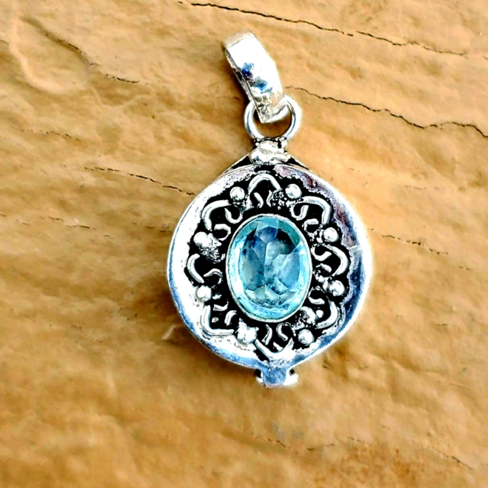 New Blue Quartz Silver Poison Locket Pendant.